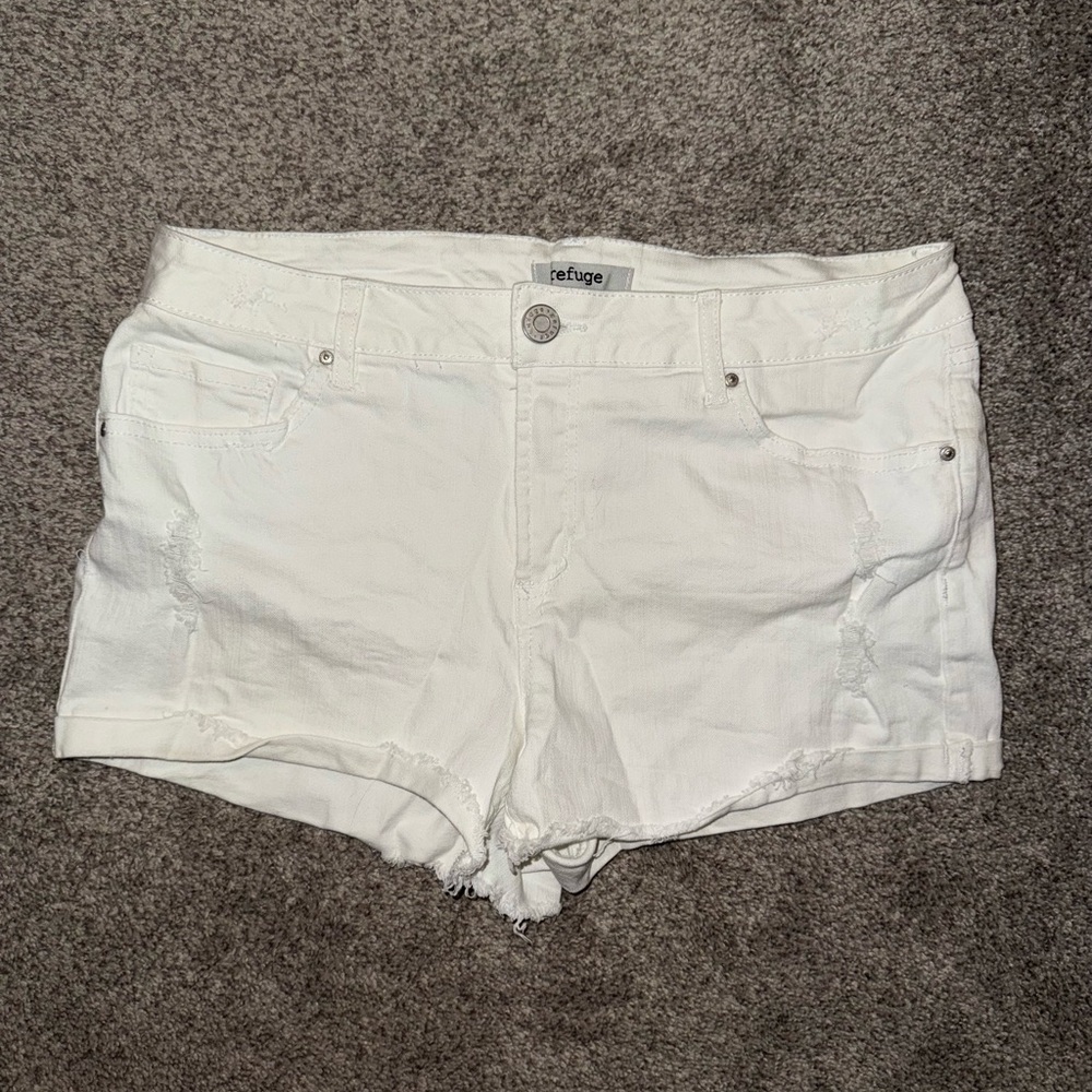 refuge White Distressed High-Rise Denim Shorts